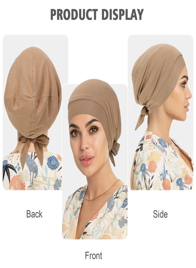 XEPST 2 PCS Hijab Undercap for Women, Islamic Muslim Under Hijab Cap Satin Lined Undercap Tie Back Bonnet Inner Head Scarf Head Wraps Hair Turbans for Women Chemo Headwear Sleep Cap, Black+Khaki - Image 5